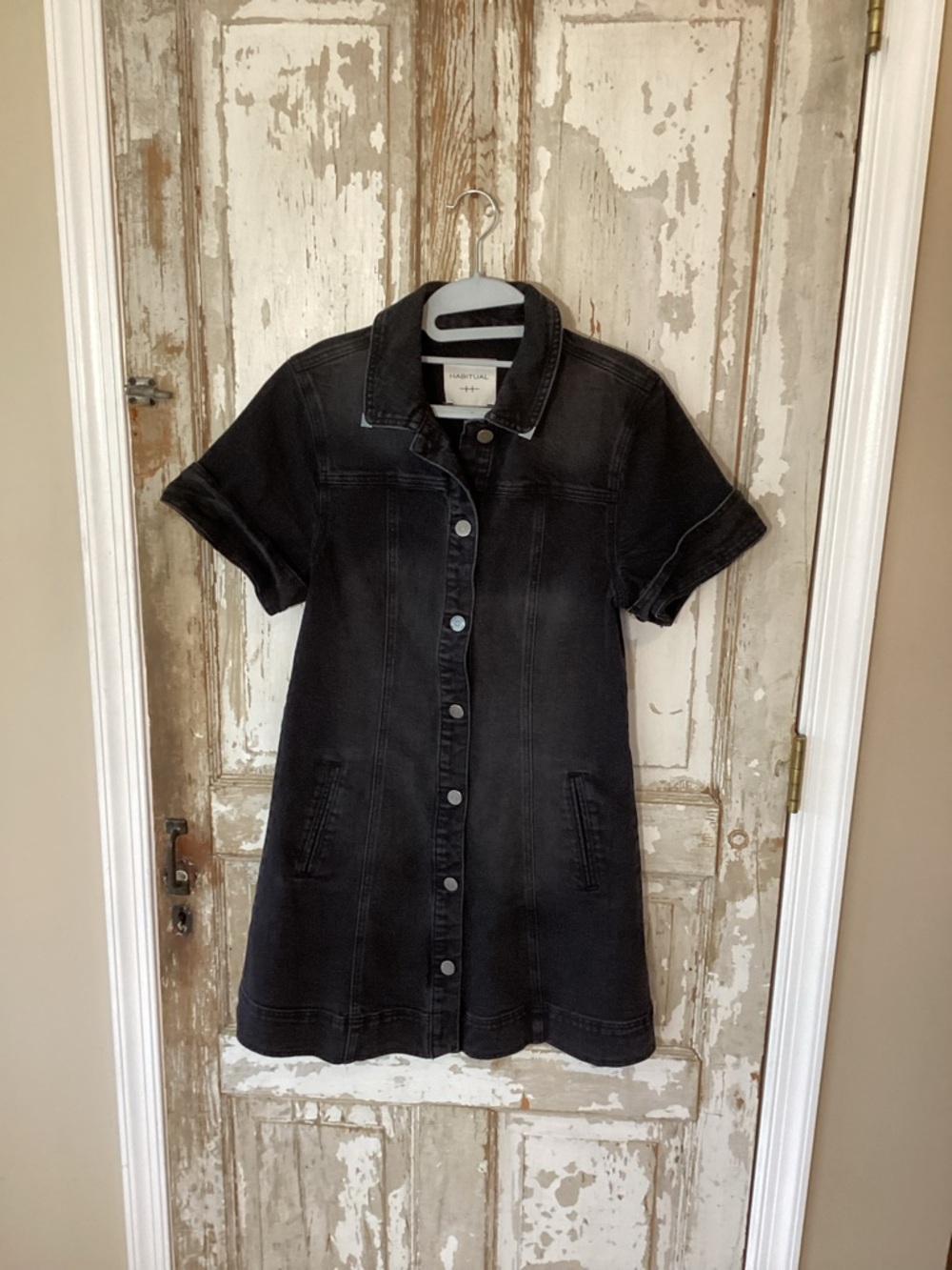 Habitual Washed Black Button-Front Denim Mini Dress -Small